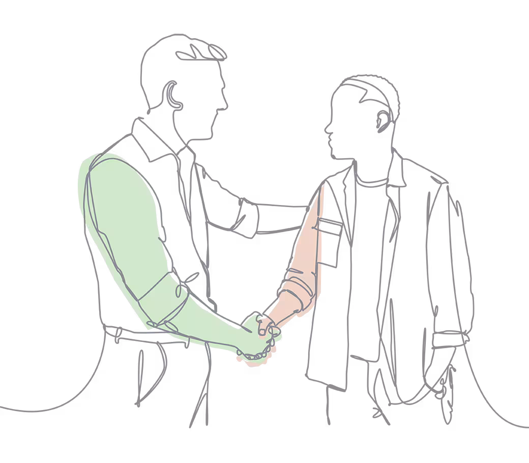 Line drawing of two people shaking hands 