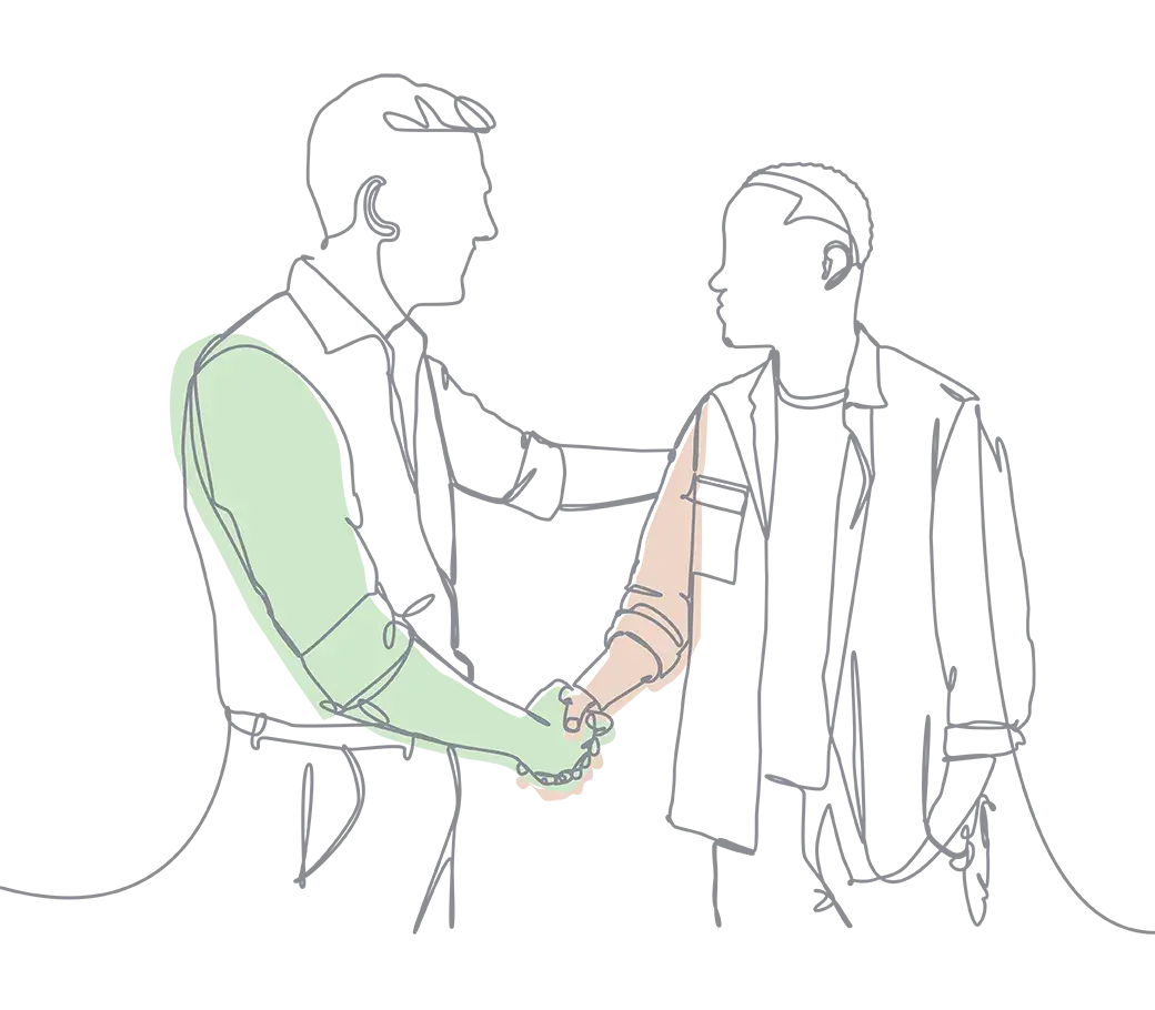 Line drawing of two people shaking hands 