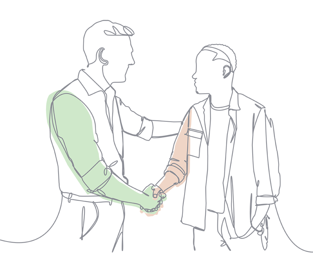 Line drawing of two people shaking hands 