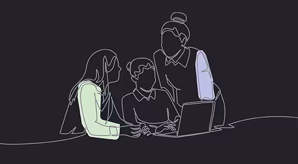 three people huddle meeting at a desk