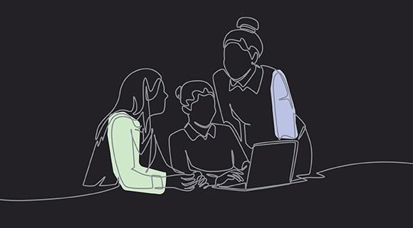 three people huddle meeting at a desk